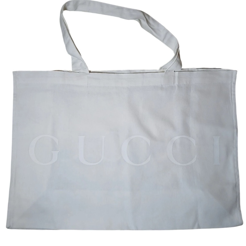 Gucci White Cotton Canvas Tote Bag Embossed Logo Monogram Large Shopping Travel